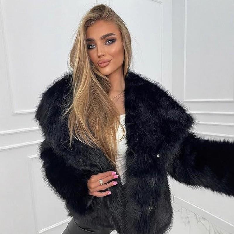 Womens Faux Fur Coat With Collar Long Sleeve Winter Outerwear In White Beige Pink Black Burgundy Coffee Gray