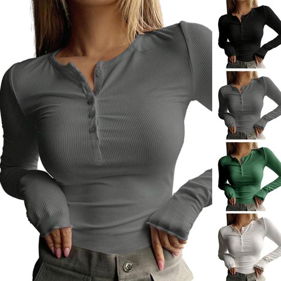 Ženy Podzim Jaro Top O Neck Knoflík Dlouhý rukáv Slim Fit Pulovr Nit Jednobarevné Měkké Prodyšné Elastické Jednoduchý styl Dámská tričko halenka