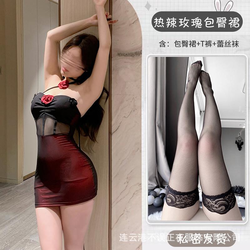 Sexy Lingerie Pure Desire Wind Uniform Rose Cheongsam Hip Skirt Sleeping Clothes Women's Suit