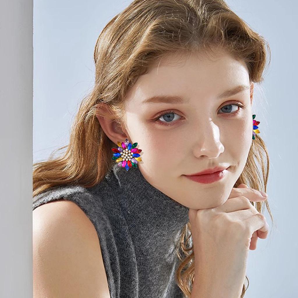 Gemstone Flower Ear Studs Alloy Colorful Crystal Sunflower Fashion Jewelry For Women
