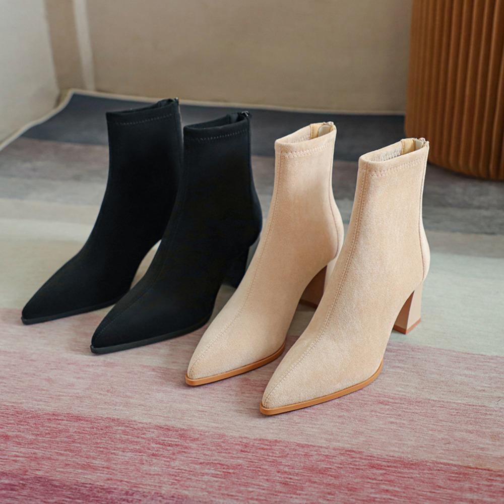Short Boots Womens Winter New Pointed High Heels Women's Simple Low Cut Shoes White Thick Heels Slim Boots Ankle Boots Women