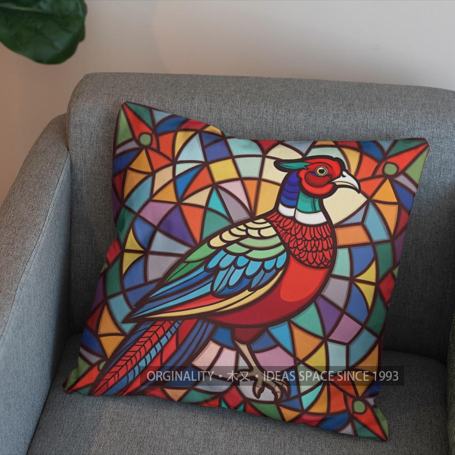 2D Colorful Stained Glass Pheasant-Patterned Pillowcase Pattern Cushion Cover Suitable For Sofa Bedroom Car Pillow Cover