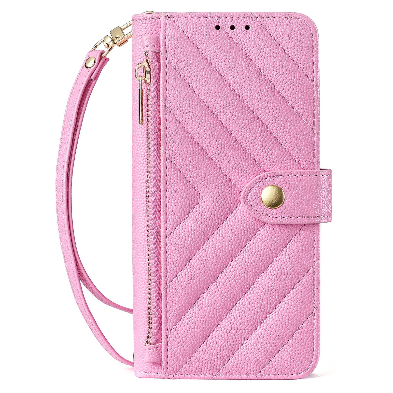 

Apple 17Pro Crossbody Leather Phone Case with Shoulder and Hand Strap, Wallet Card Slots, and Zipper Pocket. iPhone 14 Pro розовый