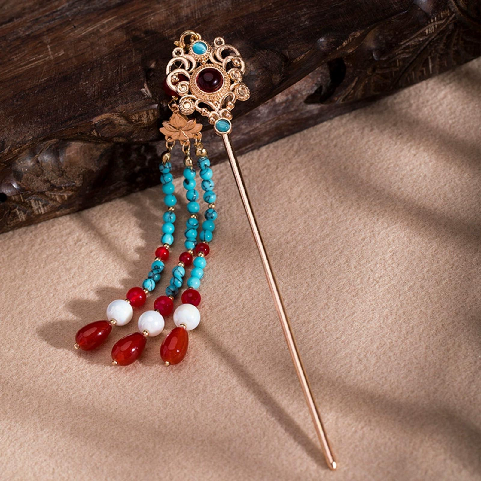 Handmade Traditional Chinese Hairpin with Step-Shake Tassel for Hanfu Costume and Cultural Events Hairpin бежевый
