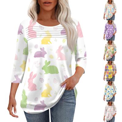 Women's Fashion Round Neck Pleated Front Placket Print 3/4 Sleeve Top