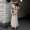 European and American Simple Casual Loose Cotton and Linen Dress Women Summer Puff sleeve V-neck Beige A- line Skirt Waist Hugging Long Skirt
