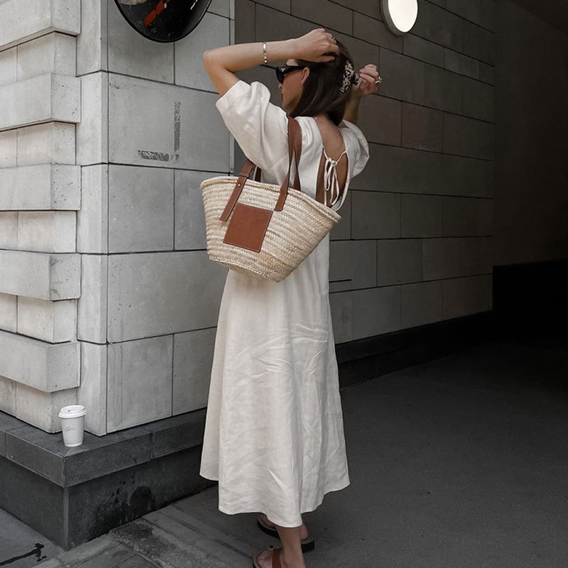 European and American Simple Casual Loose Cotton and Linen Dress Women Summer Puff Sleeve V-neck Beige A- Line Skirt Waist Hugging Long Skirt