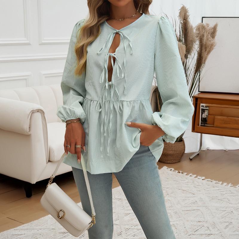 Damen Herbst und Winter Tops Lässig Locker Gestreiftes Hemd Mit Laternenärmeln