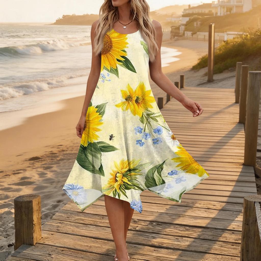 Women's Casual Sleeveless Floral Print Dress Scoop Neck Irregular Hem Mid-Length Summer Dress Lightweight Comfortable Fabric
