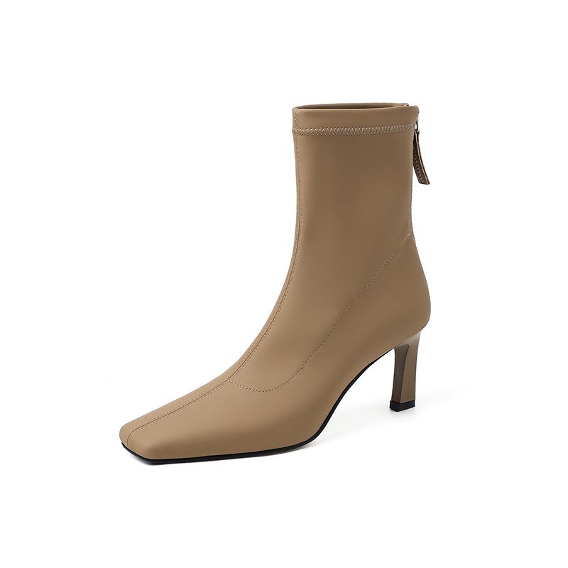 European and American Fashion Temperament Elastic Thin Boots 2025 Autumn New Square Head Thin Heel Rear Zipper High Heel Small Short Boots Women