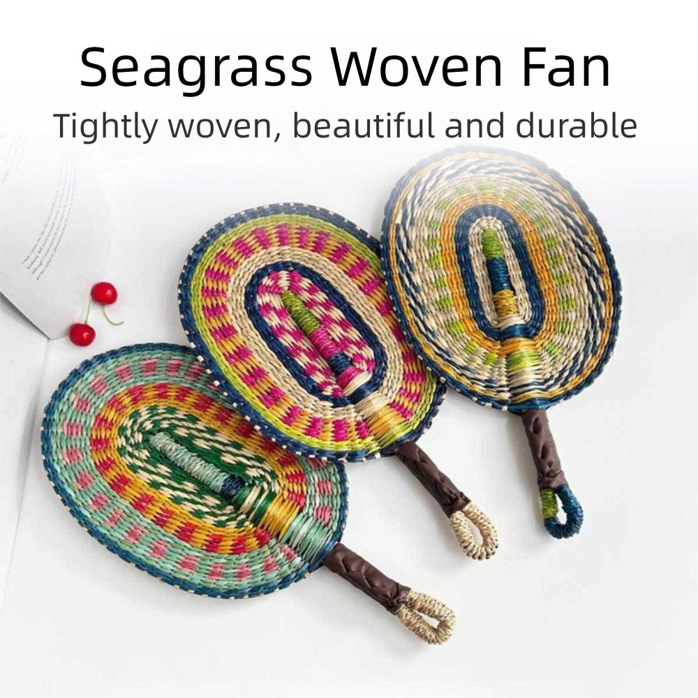 Gift Colorful Striped Patterns Seagrass Woven Fan Bohemian Anti-Mosquito Cattail Fan Vintage Portable Hand Braided Fan Indoor