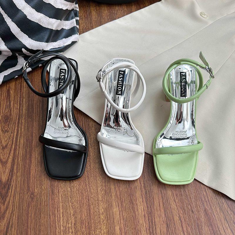 Sandals for Woman Open Toe Block Heel Thick White Women's Shoes Footwear Buckles Green Summer 2025 with Medium Heels Chunky