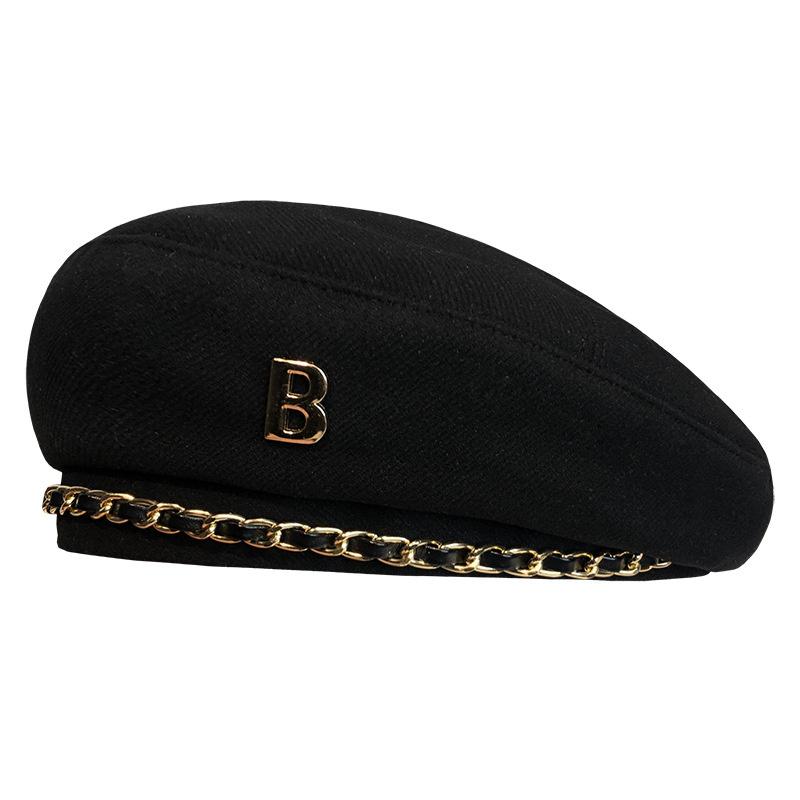 Vintage Wool Beret Hat with Chain Detail and 'B' Embellishment for Women