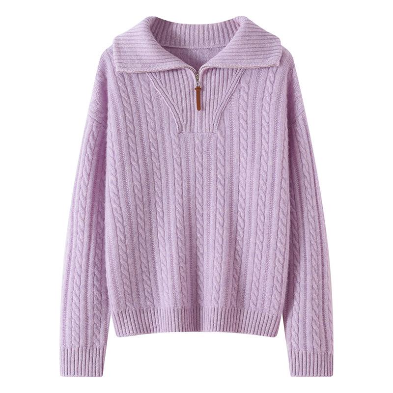Women's Half-Zip Lapel Cable Knit Cashmere Sweater - Autumn/Winter 2026, Thick & Loose Fit.
