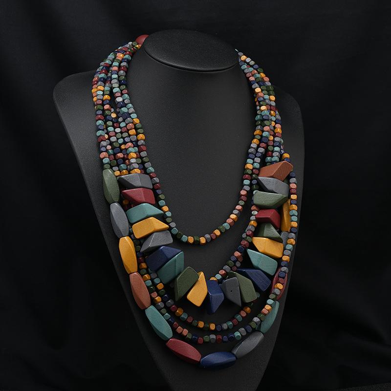 Vintage Morandi color wood bead necklace female personality exaggerated bohemian vacation stage accessories