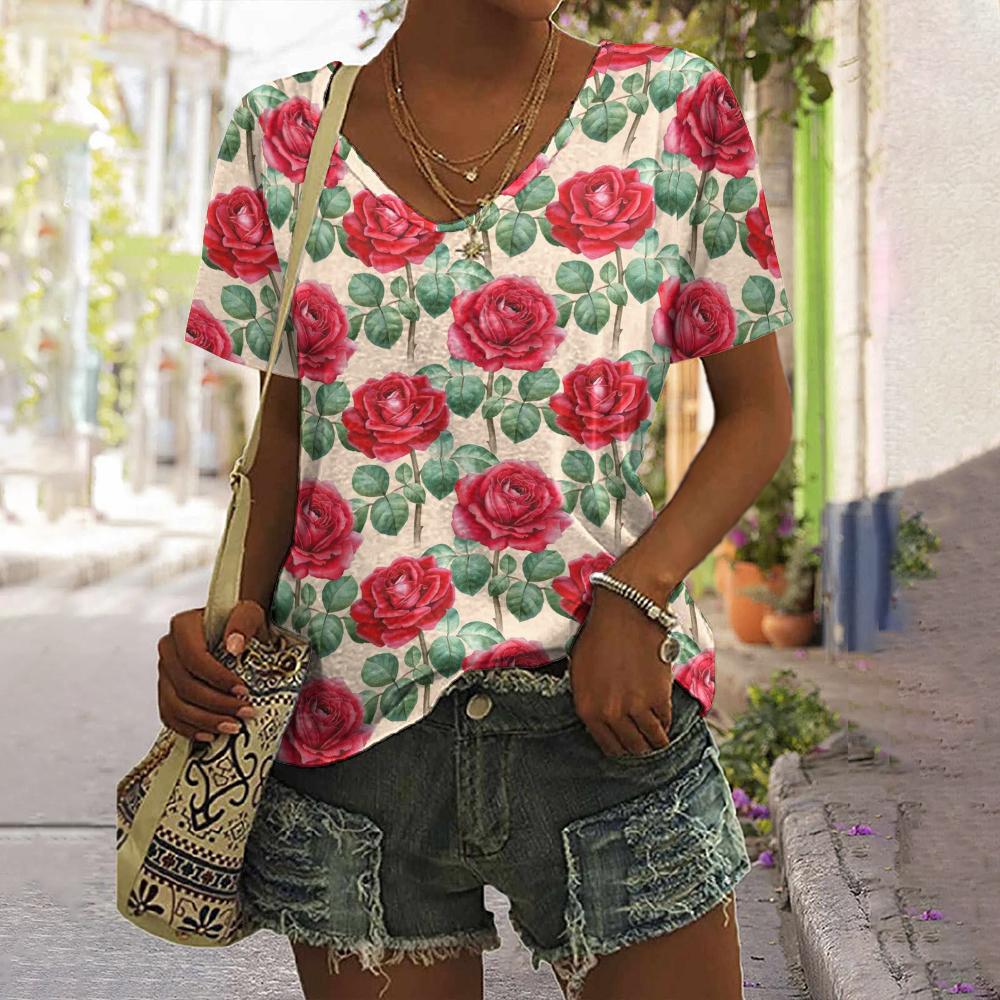 Summer Flower Rose 3D Print T-shirt Women Streetwear Casual T Shirts Y2k Tops Woman Harajuku V-Neck Tees Oversized Clothing
