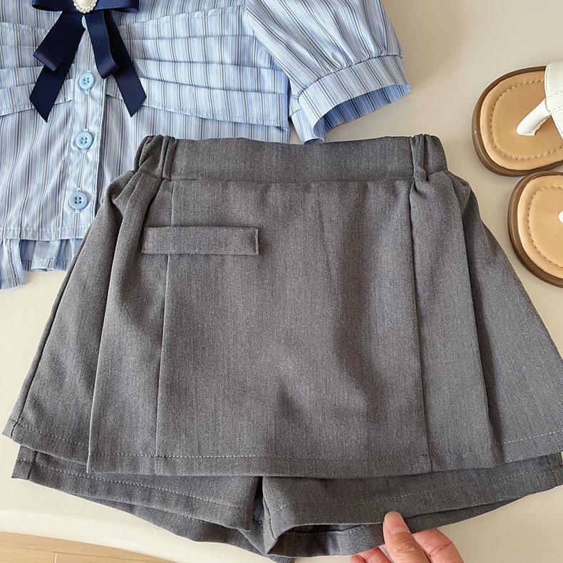 Girls' Striped Puff Sleeve Top & Elastic Waist Skirt Pants Set