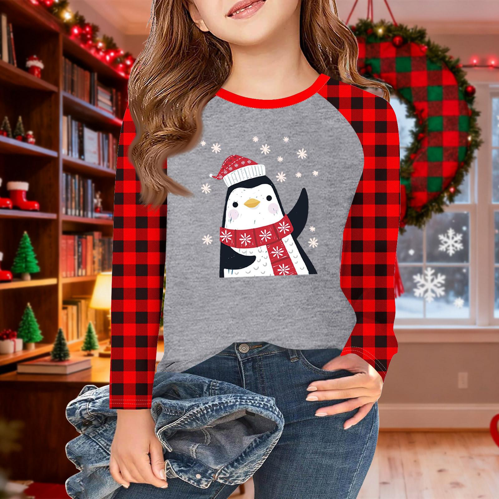 

Футболки с длинным рукавом для девочек на Рождество, детские осенние топы с круглым вырезом, базовые футболки 5-14 лет 110