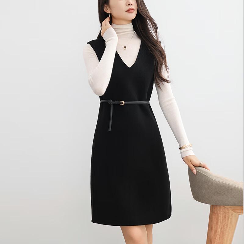 Fanzhen Women's 100% Wool V-Neck Vest Dress