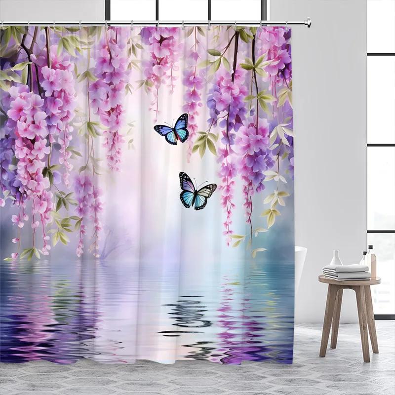 Forest Butterfly Shower Curtains Flowers Green Plants Butterflies Nature Waterfall Bath Curtain Fabric Bathroom Decor with Hooks