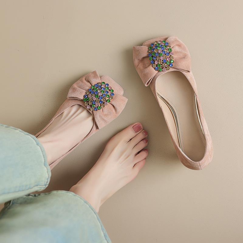 2025 Spring and Autumn New Temperament Purple Medium Heel Shallow Mouth Single Shoes Women's Shoes Rhinestone Bow High Heels