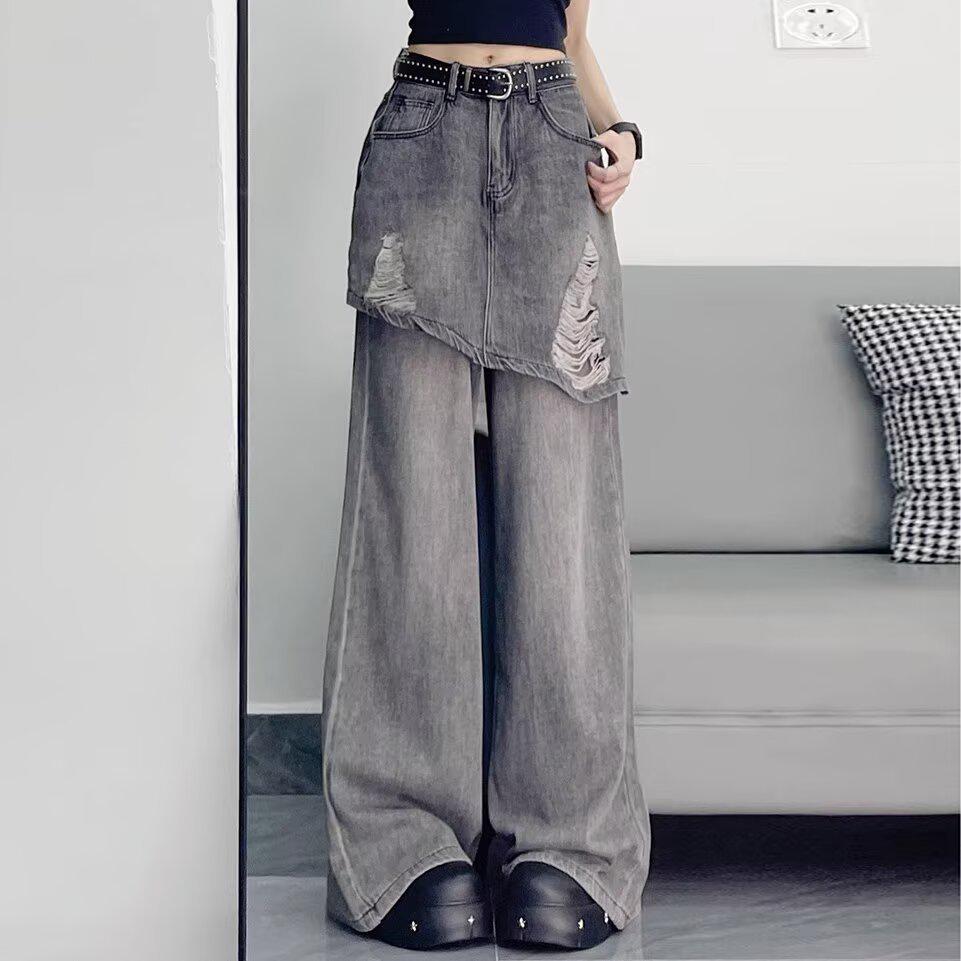 

Women s Distressed Faux Two-Piece Retro Jeans - Detachable, Floor-Length, Spring/Summer Style L серый