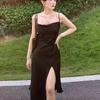 Summer Black Irregular Draped Strap Midi Dress - French Sexy Slimming Split Design