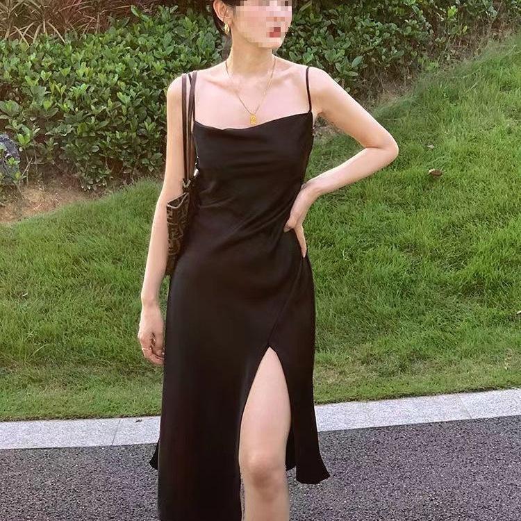Summer Black Irregular Draped Strap Midi Dress - French Sexy Slimming Split Design