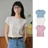 Ladies Summer Round Collar Short Sleeve Solid Color Bodycon Casual T Shirt Top