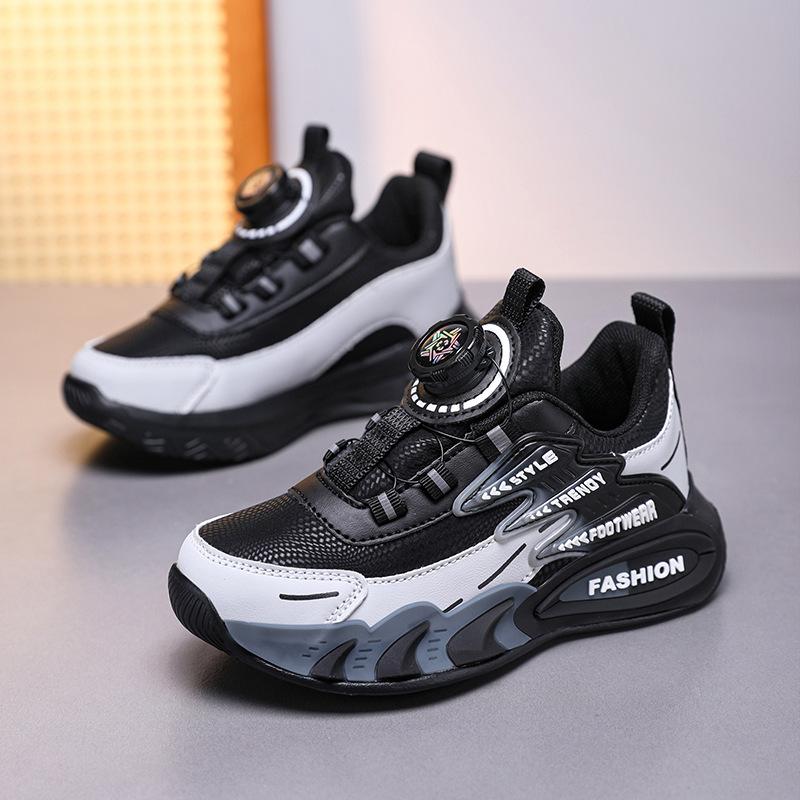Foreign Trade Children's Sports Shoes Spring and Autumn New Mesh Leather Boys Lightweight Running Shoes Rotating Buckle Primary School Sneakers
