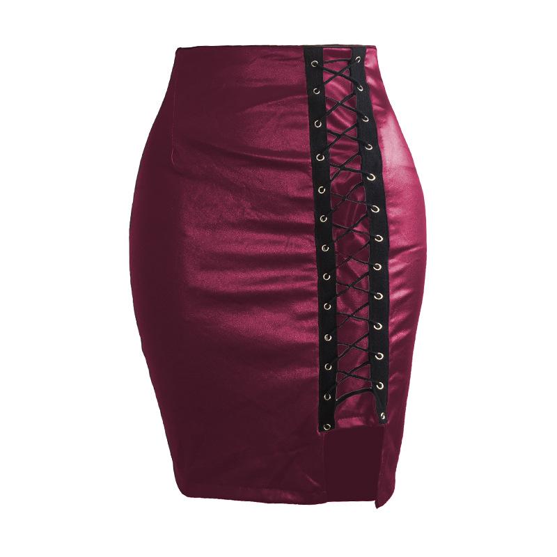 European and American Women's Black Faux PU Leather High Waist Eyelet Midi Skirt