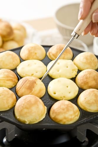 Ikenaga Iron Works Takoyaki Plate, 14 Holes, Long Wooden Handle, Cast Iron, Gas Stove Only, Made in Japan, 000410