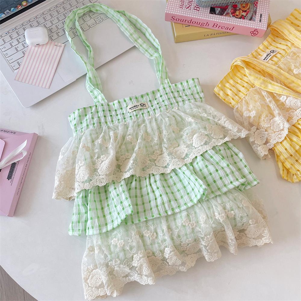 New popular plaid color matching lace single shoulder underarm bag large capacity tote bag portable cloth bag