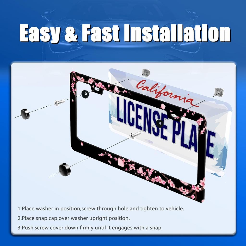 Cherry Blossom License Plate Frame Beautiful Flowers Pink License Plate Stainless Steel Funny License Plate Holder Floral Car Accessories Decoration