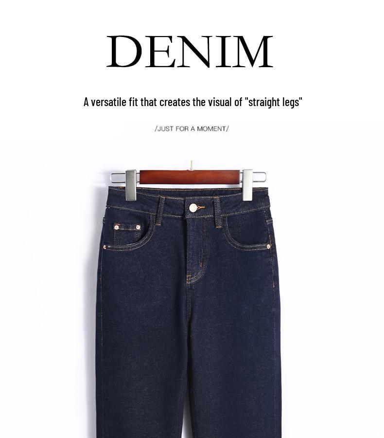 Clearance: Women's Deep Blue High-Waisted Slim-Fit Straight Leg Jeans with Rolled Hem