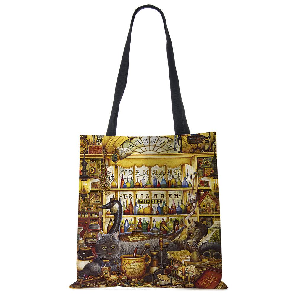 Customize Oil Painting Cat Print Womens Designer Tote Bags Linen Reusable Shopping Bag For Groceries Shoulder Bags for Lady 2020 Casually