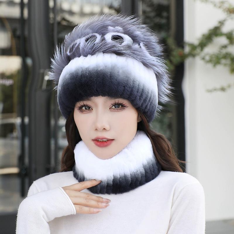 Fur Rex Rabbit Hair Hat Women's Winter Neck Cover Two-piece Warm Korean Version Fashion Beautiful Mom Snow Hat Travel