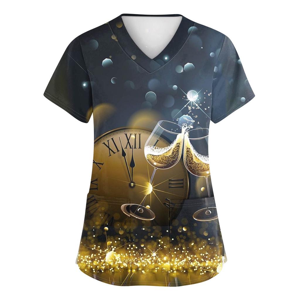 Damenmode Bedruckte Kurzarm-Oberteile mit V-Ausschnitt und Muster, Taschen, Arbeits-T-Shirts