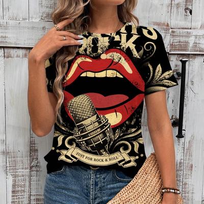 Damen T-Shirt Sexy T-Shirt mit Lippenstift-Lippen-Print für Damenmode Rock'n'Roll Kurzarmoberteile Lose Übergroße Damen-T-Shirts