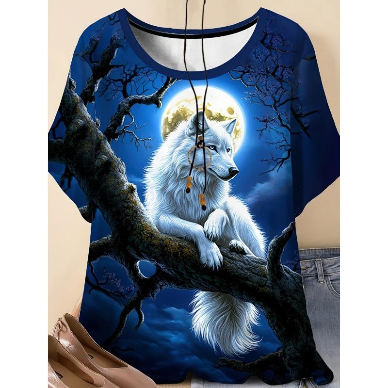 Neues Damen T-Shirt 3D Wolf Druck Rundhals Kurzarm Mode Grafik T-Shirts Lustige Streetwear Tops Y2k Lockeres T-Shirt Damen Kleidung