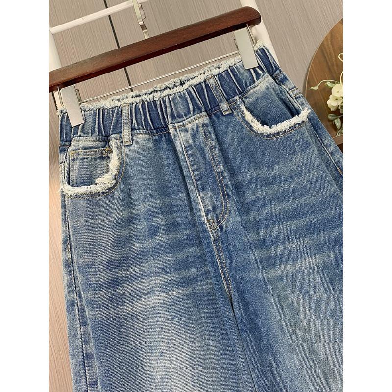 DIMANAF 2025 Plus Size Autumn Basic Elastic Jeans Wear out Pants Women Loose Denim Trousers Big Casual Blue  Pants 6XL