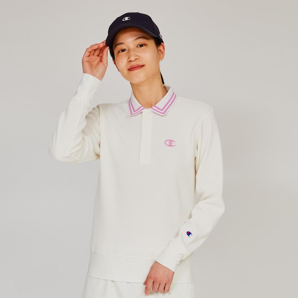 Champion Golf Long Sleeve Polo UV with Logo Women's Shirt, CW-AG407, Off-White, Protection, Quick-Drying, Warm, One-Point