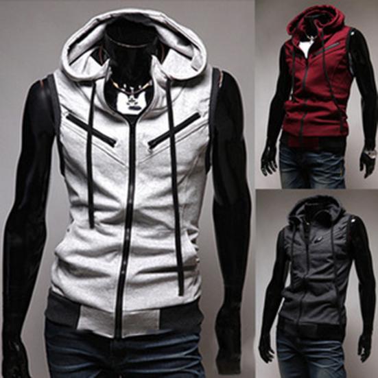 Fashion Men Sleeveless Zipper Hooded Vest Casual Top for Fitness Gym Sports