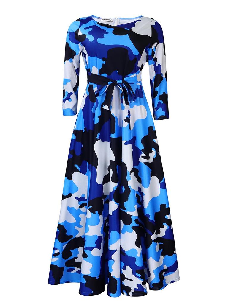 Women's 2024 Spring Lace-up Print African Plus Size Midi Dress