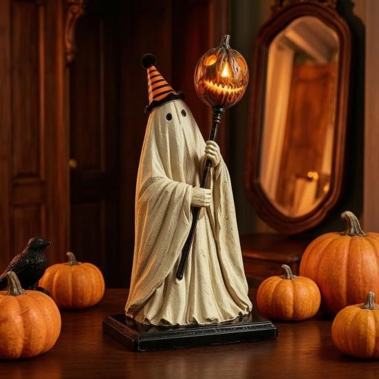 Halloween Theme Haunted House Decor Lighted Ghost Figurine with Remote Control, Vintage Resin Statue Luminous Pumpkin Indoor Festive Display Ornament