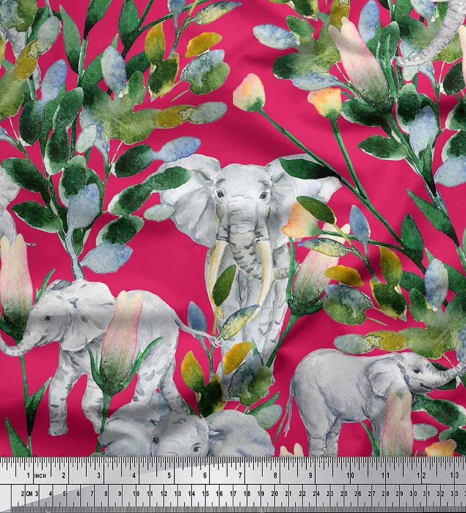 Soimoi Japan Crepe Satin Fabric Leaves,Floral & Elephant Animal Printed Craft Fabric by the metre 42 Inch