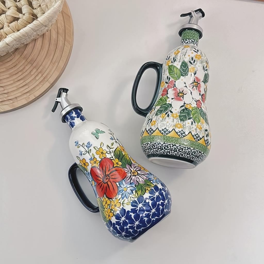 1pc Large Capacity Ceramic Oil Pot, Hand Painted Olive Oil Pump with Handle, Elegant Floral Design, Kitchen Accessories and Decoration for Home