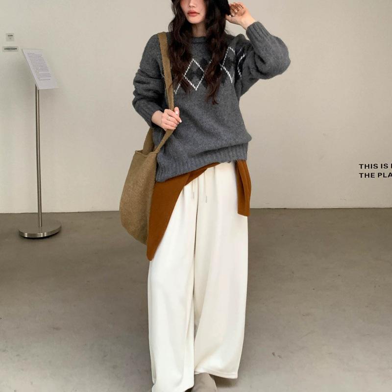 Women's Fair Isle Argyle Crew Neck Pullover Sweater - Autumn/Winter Casual Slim Fit Knit Top