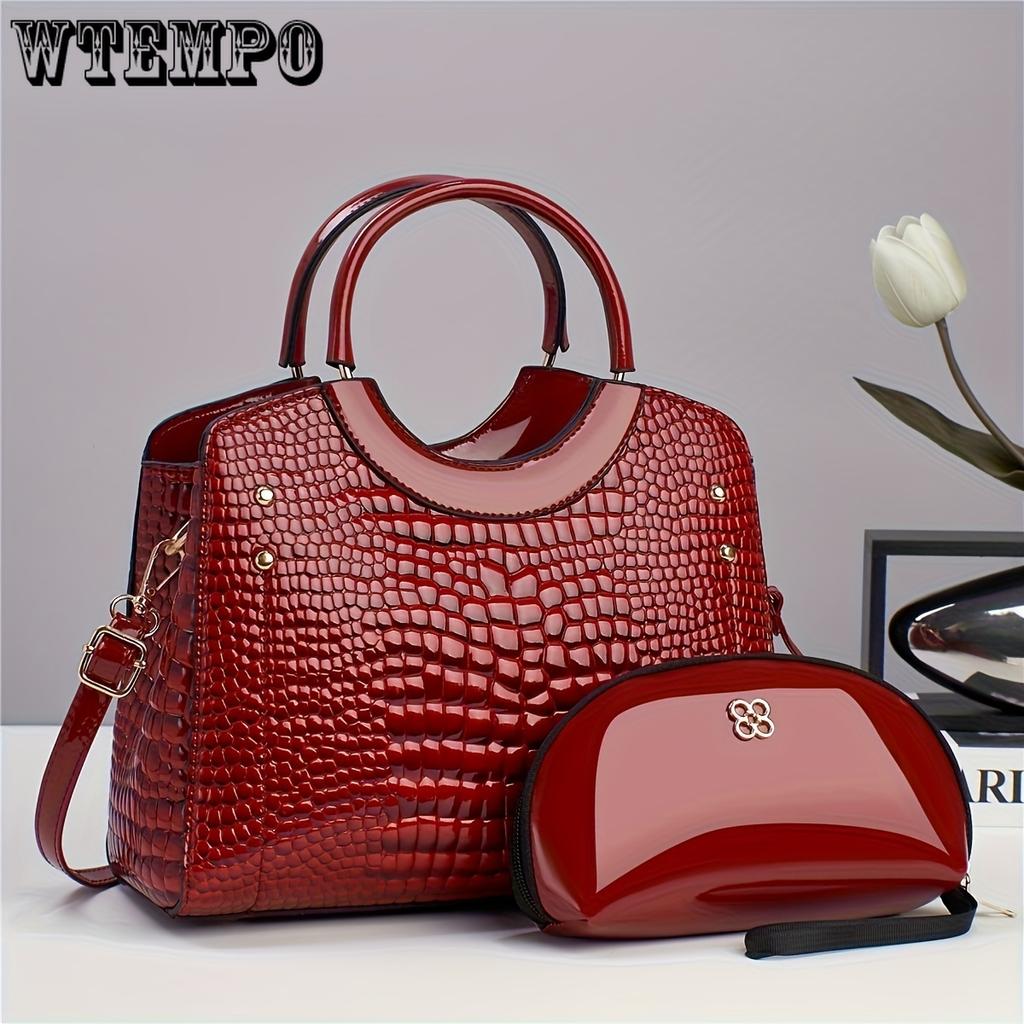 Geantă tote-mamă strălucitoare cu volum mare, elegantă, cu imprimeu de crocodil