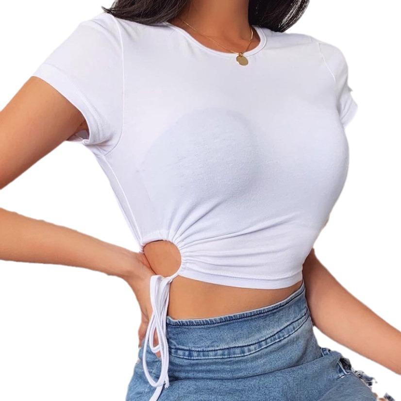Women's Summer Lace-up Hollow Slim Fit Cropped Cotton T-shirt